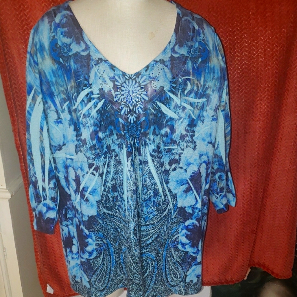 ONE WORLD Blue Graphic 3/4 Sleeve Blouse Size 3x